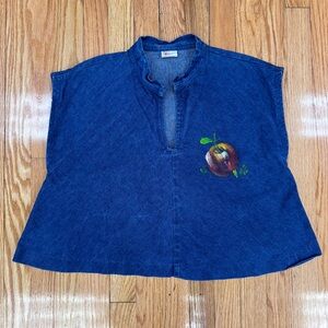 Vintage Mimosa Tree Blue Denim Shirt with Handpainted Apple Design 70’s RARE